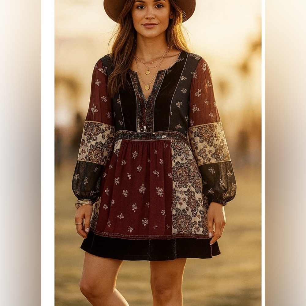 Maeve Anthropologie XS Bohemian Floral Dress with velvet trim.